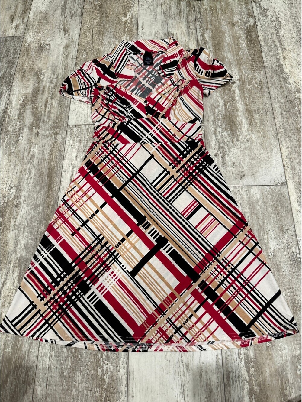 Wrapper S Geometric Plaid Midi Dress Red Black Retro